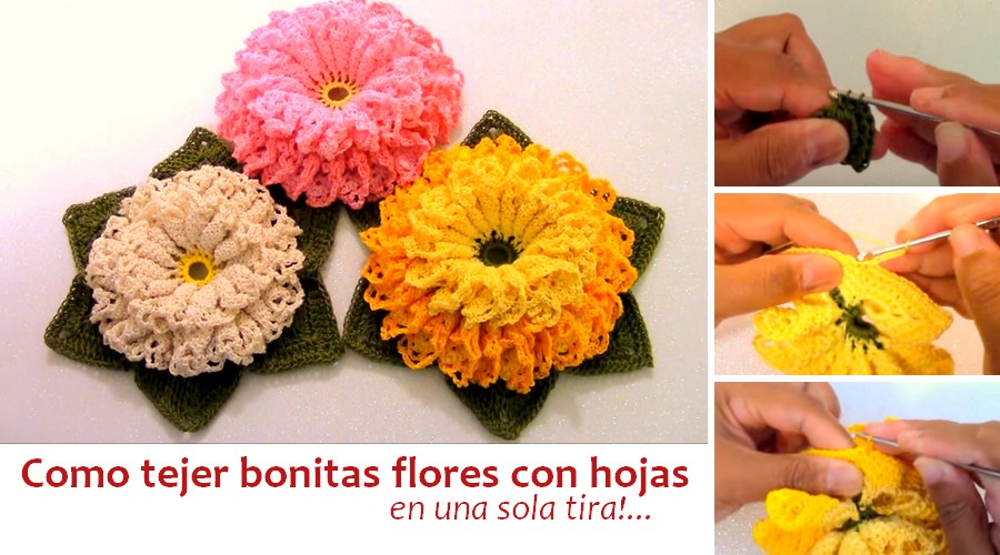 flores a crochet con hojas