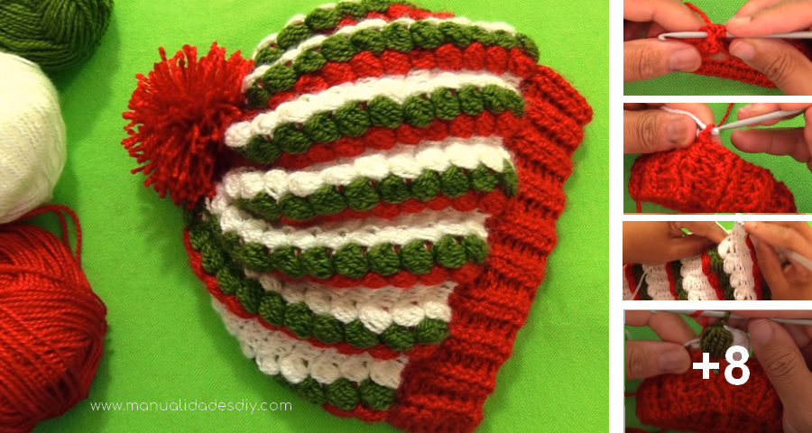 Gorro a Crochet con Punto 3D y Colores Navideños ⋆ Manualidades DIY Gorro a Crochet con Punto 3D y Colores Navideños ⋆ Manualidades DIY