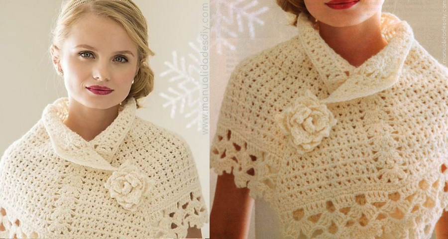 Precioso Poncho Tejido Crochet Adornado con Flor Orilla ⋆ Manualidades DIY